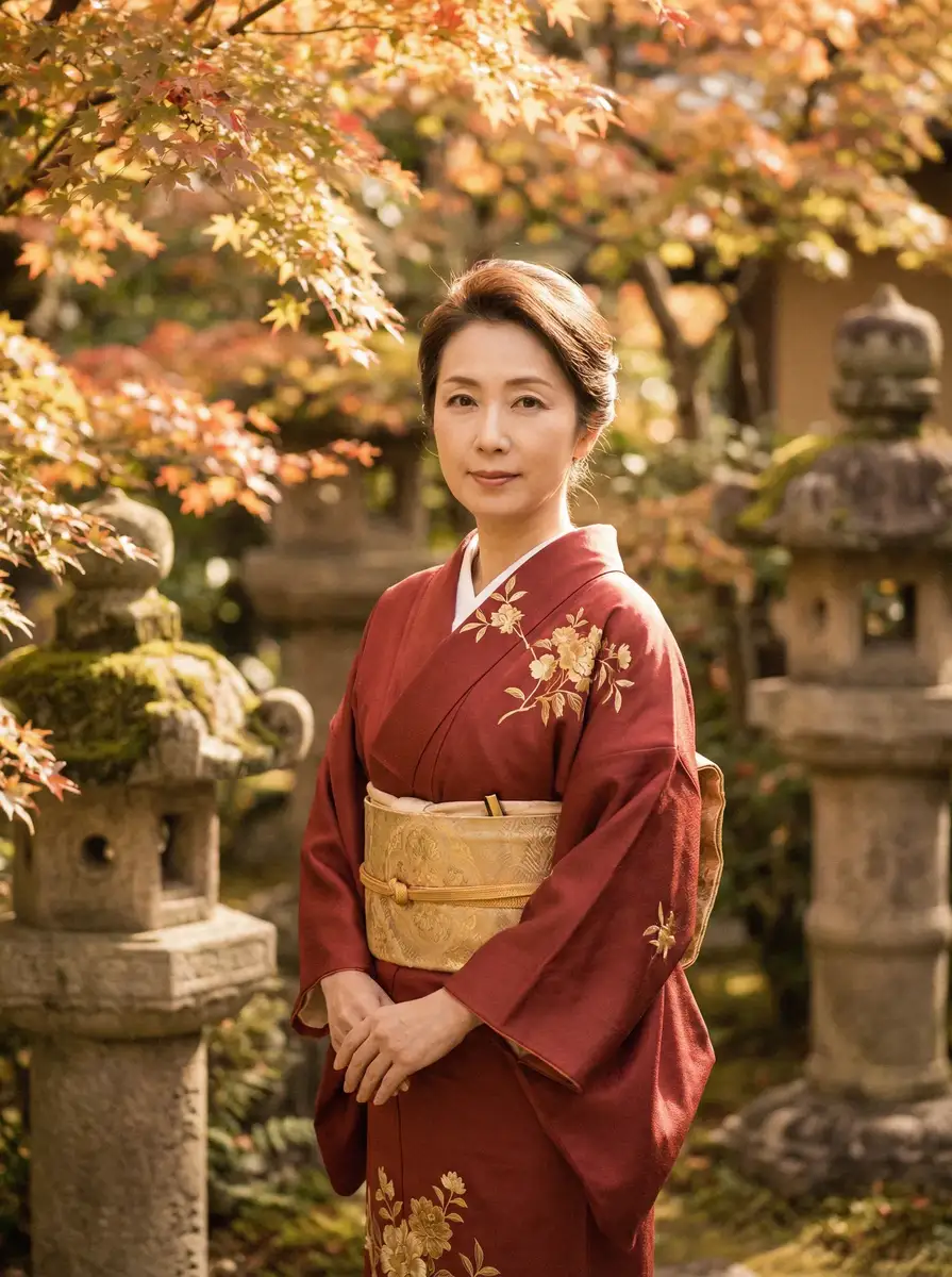 一位身穿暗红色和服的优雅 国产美女a片 在日式庭院中