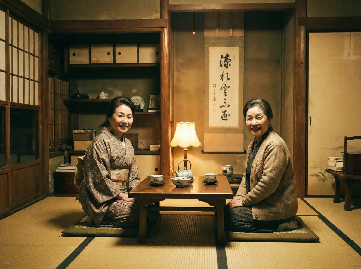 两位优雅的 国产美女a片 在日式茶室中品茶交谈